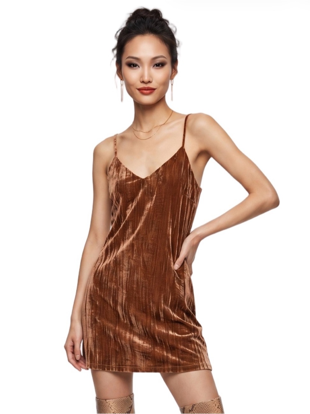 ELODI Brown Velvet V-Neck Mini Cami Dress Sleeveless Feminine Bohemian SZ L